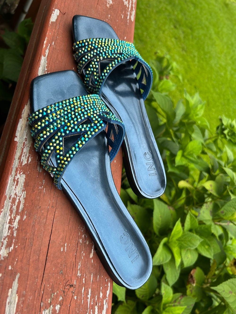 INC International Concepts Teal and Yellow Beaded Slide Mules